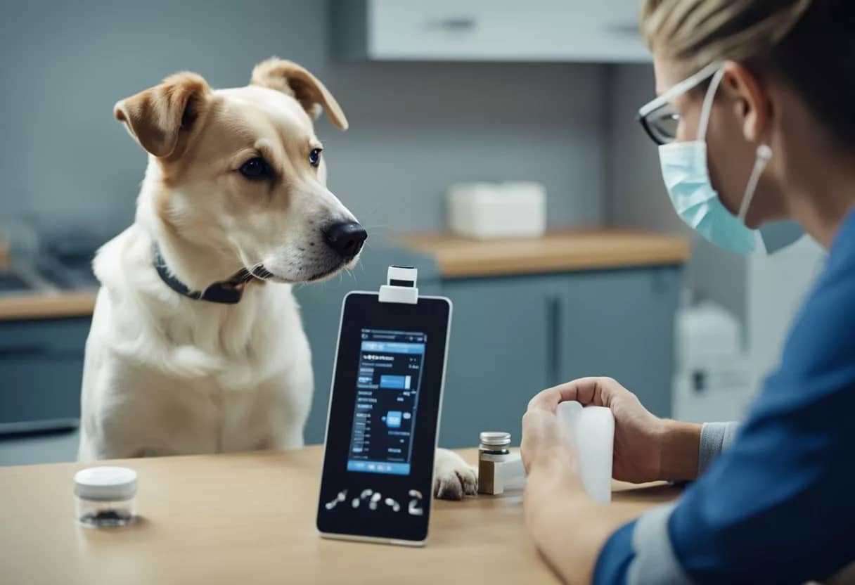 A dog owner consults a vet for carprofen dosing. The vet explains the medication and demonstrates how to administer it to the dog