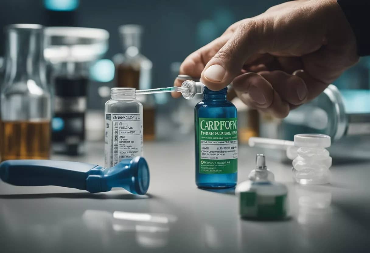 A hand holding a bottle of carprofen, pouring the medication into a measuring syringe, and then administering it to a pet
