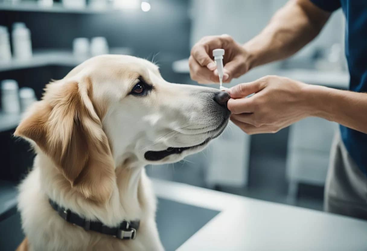 A dog receiving a dose of carprofen from a veterinarian