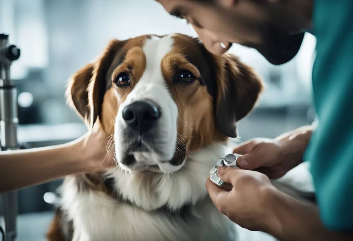 A veterinarian administers carprofen to a dog, while monitoring for side effects