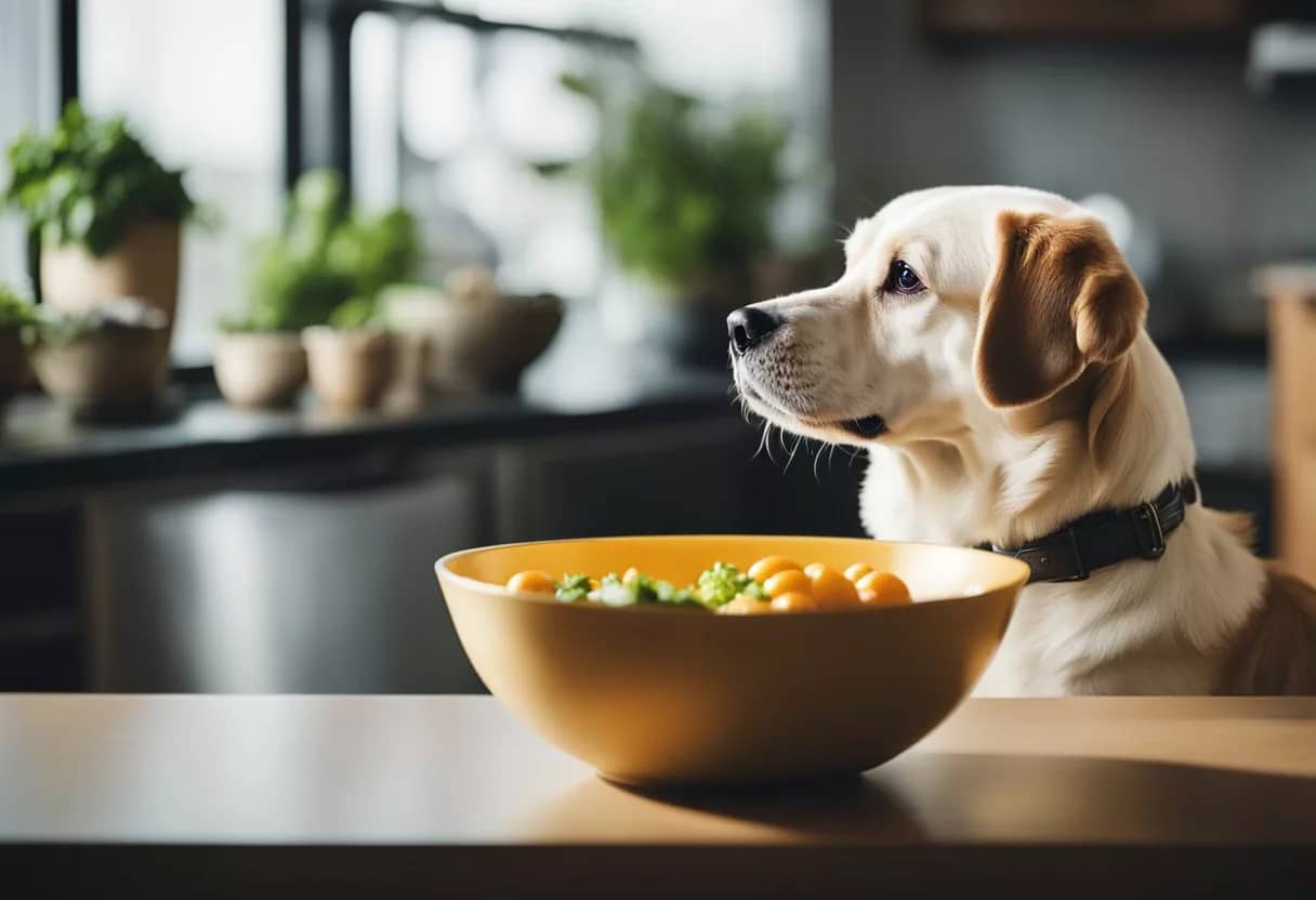 A dog eagerly eating a bowl of fresh food, with a curious expression and wagging tail