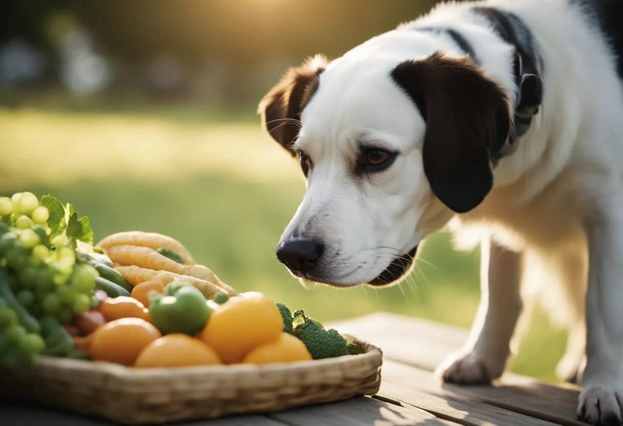 A dog sniffs and selects high-quality fresh foods from a variety of options