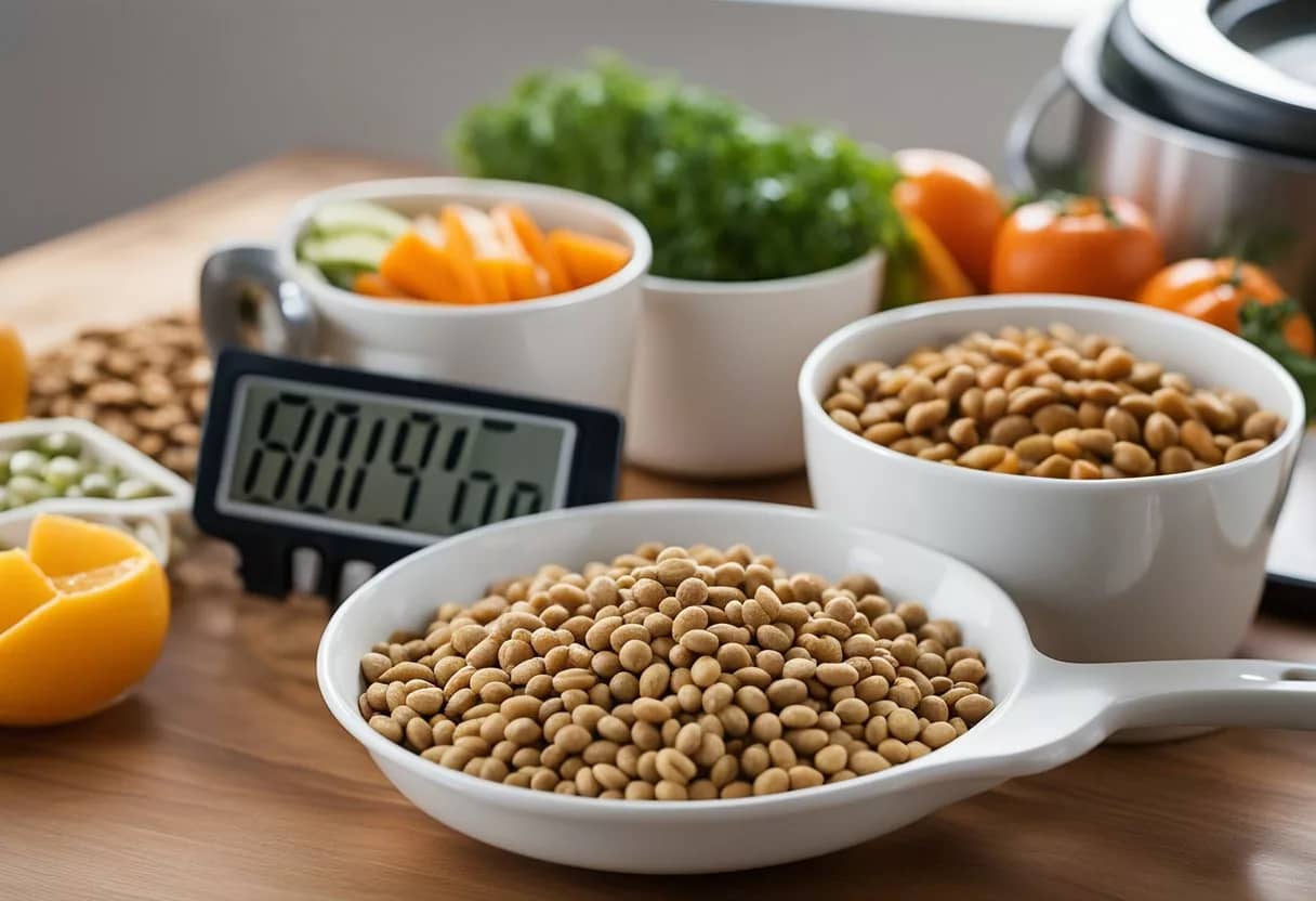 A dog food bowl filled with a balanced portion of fresh food, surrounded by measuring cups and a feeding guide chart