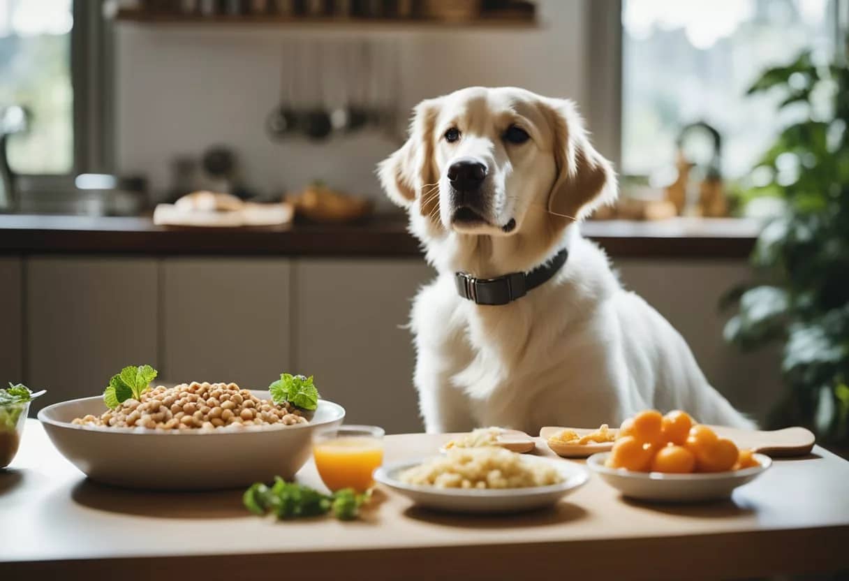 A happy dog eating a balanced meal of fresh food, with a bowl of nutritious food in front of them